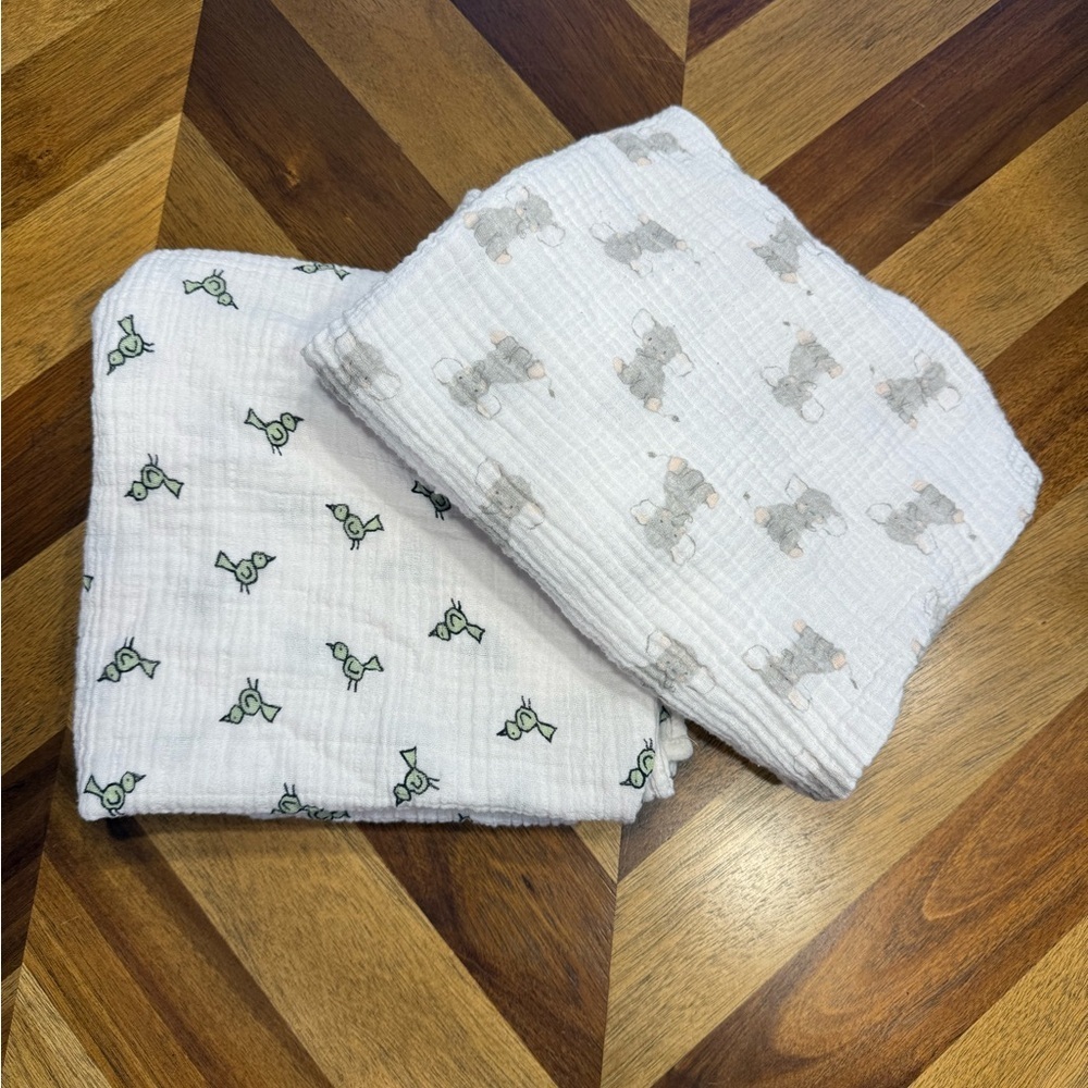aden + anais White Muslin Blanket with Green Animal Print and Elephants
